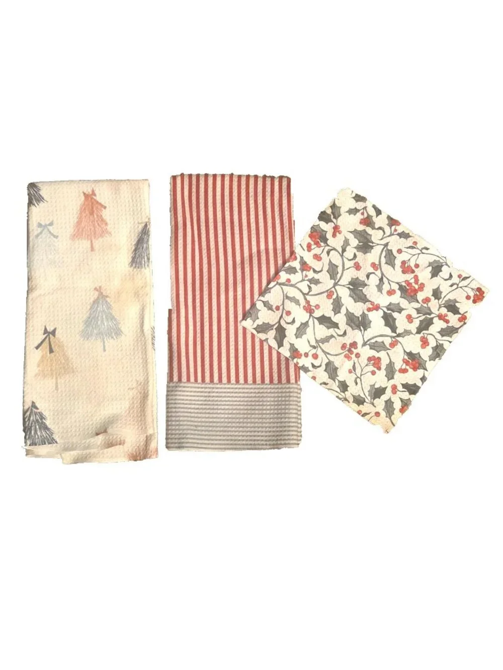 3 Geometry Christmas Kitchen Linens Towels Washcloth Trees Stripes As Is
